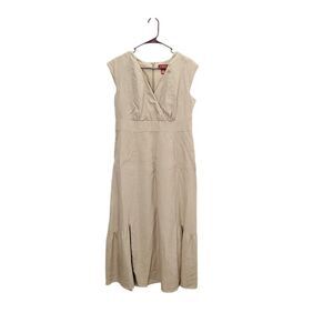 SUNDANCE 100% Linen Tan Lagenlook Surplice Neckline Midi Dress